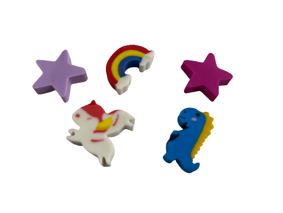 Kawaii mini erasers: unicorns, stars, rainbows, dinosaurs